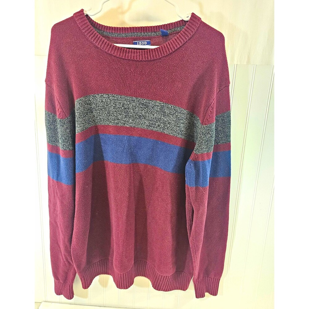 IZOD Mens Burgundy Gray Blue Striped Cotton Knit Crewneck Pullover Logo L